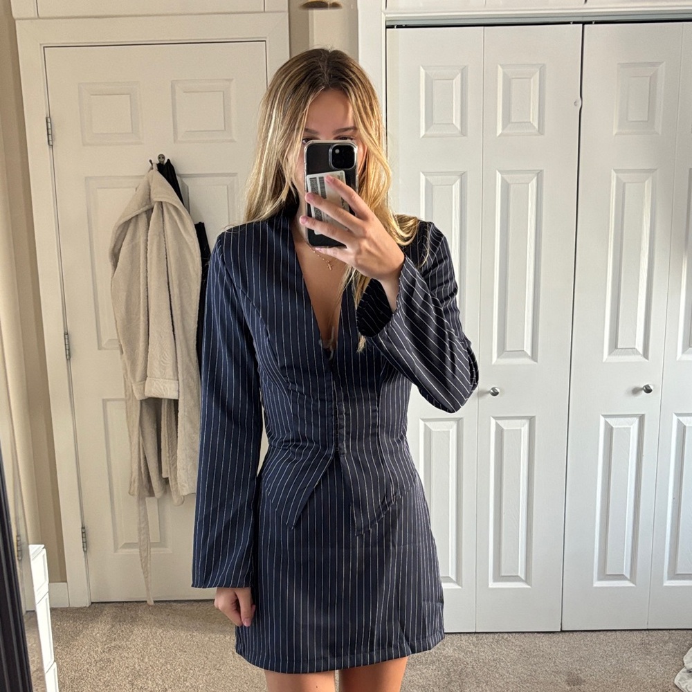 Navy Pinstripe Long-Sleeve Top and Skirt
